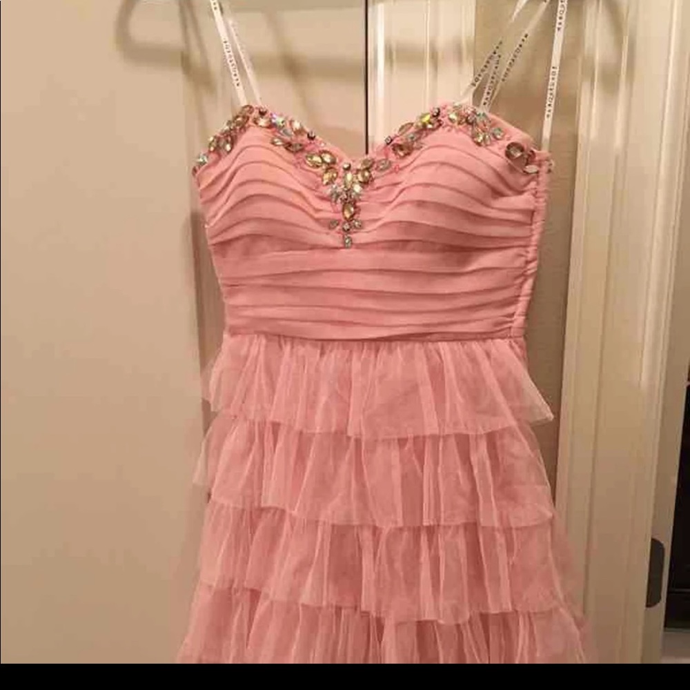 Pink long ruffled party prom evening dress